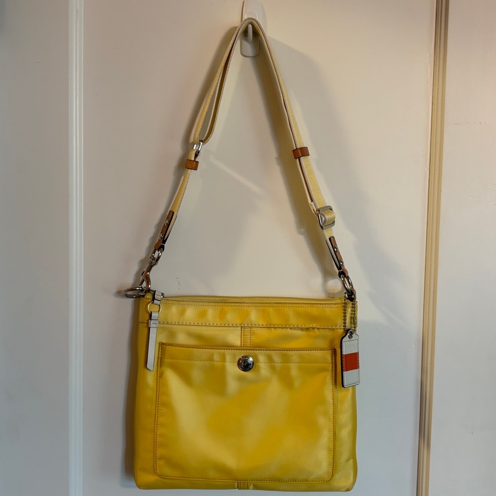 Coach Hampton Weekend Swing Crossbody Purse in Sunny Yellow Satin Fabric - Picture 2 of 14